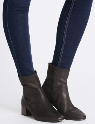 Leather Block Heel Almond Toe Ankle Boots
